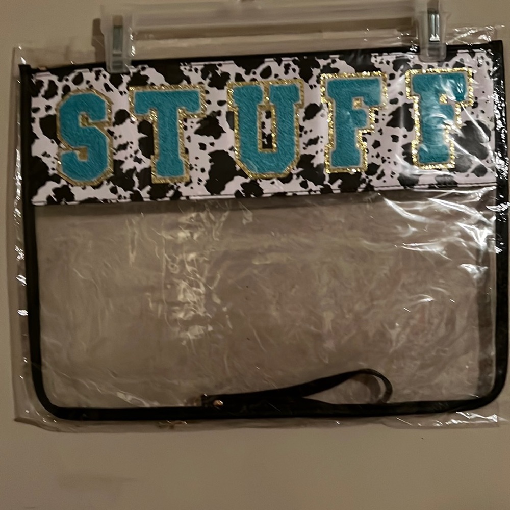 Large cow print and clear STUFF pouch